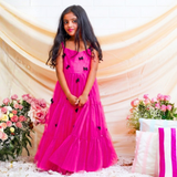 Net Woven Sleeveless Small Bow Stitched on Hot Pink Gown