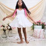 Cotton Woven Sleeveless White Dress With Hot Pink Tie up Straps