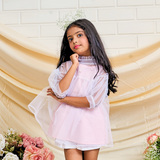 Cotton Fabric Woven Three Fourth Sleeves Dress With Tulle Layering White