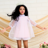 Cotton Fabric Woven Three Fourth Sleeves Dress With Tulle Layering White