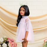 Cotton Fabric Woven Three Fourth Sleeves Dress With Tulle Layering White