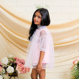 Cotton Fabric Woven Three Fourth Sleeves Dress With Tulle Layering White