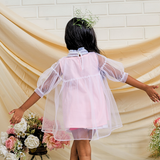 Cotton Fabric Woven Three Fourth Sleeves Dress With Tulle Layering White