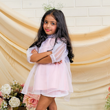 Cotton Fabric Woven Three Fourth Sleeves Dress With Tulle Layering White