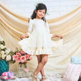 off-white layered party and bithday wear dress with lace waist belt and pleated ruffle hem  3/4 sleeves white