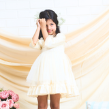 off-white layered party and bithday wear dress with lace waist belt and pleated ruffle hem  3/4 sleeves white