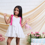 Cotton Woven Sleeveless White Dress With Hot Pink Tie up Straps