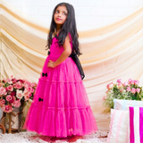Net Woven Sleeveless Small Bow Stitched on Hot Pink Gown