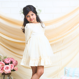 off-white layered party and bithday wear dress with lace waist belt and pleated ruffle hem  3/4 sleeves white