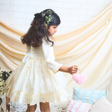 off-white layered party and bithday wear dress with lace waist belt and pleated ruffle hem  3/4 sleeves white