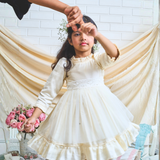 off-white layered party and bithday wear dress with lace waist belt and pleated ruffle hem  3/4 sleeves white