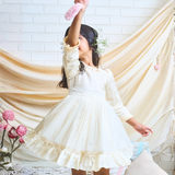 off-white layered party and bithday wear dress with lace waist belt and pleated ruffle hem  3/4 sleeves white