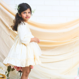 off-white layered party and bithday wear dress with lace waist belt and pleated ruffle hem  3/4 sleeves white