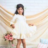 off-white layered party and bithday wear dress with lace waist belt and pleated ruffle hem  3/4 sleeves white