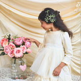off-white layered party and bithday wear dress with lace waist belt and pleated ruffle hem  3/4 sleeves white