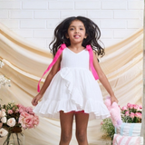 Cotton Woven Sleeveless White Dress With Hot Pink Tie up Straps