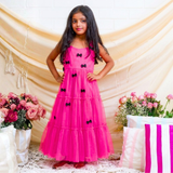 Net Woven Sleeveless Small Bow Stitched on Hot Pink Gown