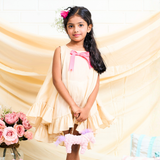 Cotton Woven Sleeveless Ruffled Dress  With Pink Bow And Shorts