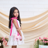 Cotton Woven Sleeveless White Dress With Hot Pink Tie up Straps