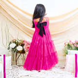 Net Woven Sleeveless Small Bow Stitched on Hot Pink Gown