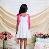 Cotton Woven Sleeveless White Dress With Hot Pink Tie up Straps