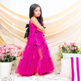 Net Woven Sleeveless Small Bow Stitched on Hot Pink Gown