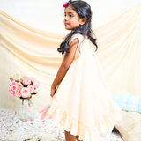 Cotton Woven Sleeveless Ruffled Dress  With Pink Bow And Shorts
