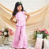 Pinkcow Fashions pink floral print party and birthday wear co-ord set cotton peplum top and tiered sharara pants with bow detailing sleeveless pink