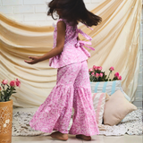 Pinkcow Fashions pink floral print party and birthday wear co-ord set cotton peplum top and tiered sharara pants with bow detailing sleeveless pink