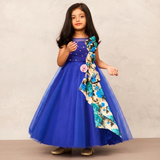 Luxurious Royal Blue Net Gown with Detailed Printed Bow