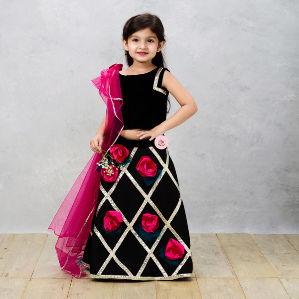 Midnight Elegance Black Scuba Ghaghra Choli with Floral Gotta Lace Detailing