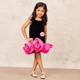 Sophisticated Black Velvet A-Line Dress with Pink Taffeta Flower Accents
