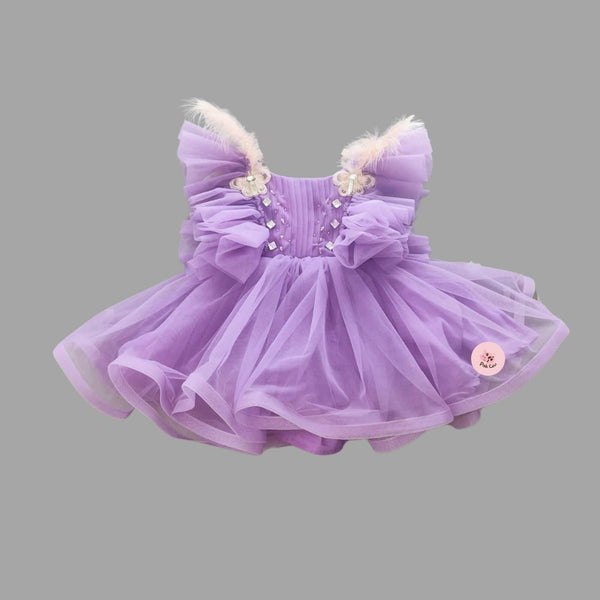 CHEST WORK  BUTTERFLY EMBROIDERY GATHERED LAVENDER FRILL DRESS