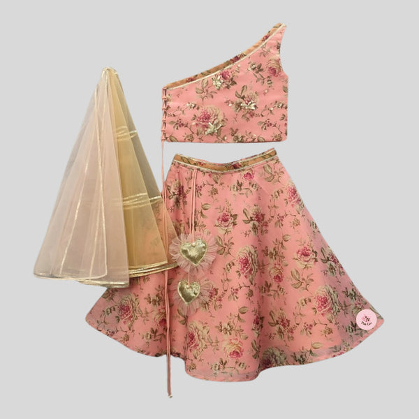 ELEGANT PRINTED SILK GHAGRA CHOLI WITH ONE SHOULDER TOP EXQUISITE GOTTA LACE WORK & NET DUPATTA ADORNED WITH GOTTA LACE BORDER