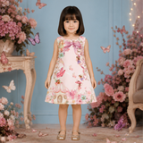Charming Pastel Pink Dress Featuring a Whimsical Fairy Tale Print and Bow Detail