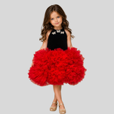 Pinkcow Velvet Halter Neck Butterfly Embellished Ruffle Tulle Party Dress - Black & Red