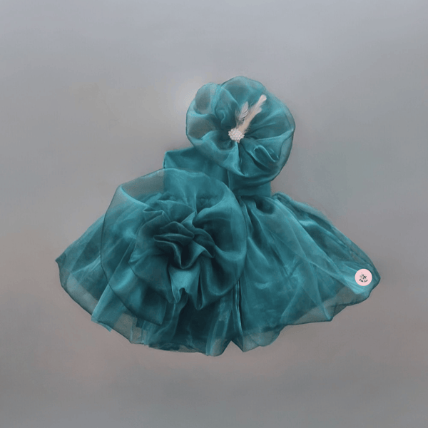 Teal Blue Dress with Organza Flower Enhanced Shoulder and Ghera
