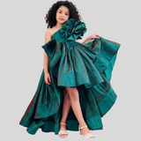 Green silk ruffled gown