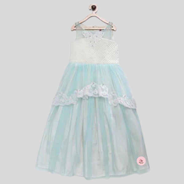 Aqua blue princess gown with lace and flowers