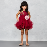 Maroon Lacy Dress with Floral Embellishments on Chest