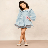 Elegant Sky Blue Velvet Full Sleeves Dress for Special Occasions