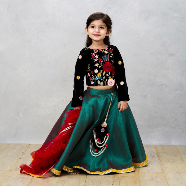 Black Velvet Embroidered Choli with Raw Silk Ghaghra and Tassels