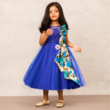 Luxurious Royal Blue Net Gown with Detailed Printed Bow