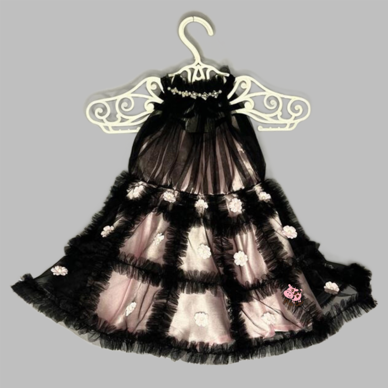 Flower And Pearls Embellished Ruffle Frilly Black Dress – Pinkcow Designs  Private Limited