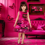 Charming Hot Pink Floral Dress Featuring a Leopard Print and Butterfly Motifs