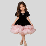 Pinkcow Velvet And Net Short Sleeves Layered Ruffled Dress - Black And Pink