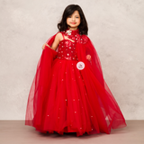 Elegant Red Gown with Sequence Chest Detailing, Full Crystal Work & Sequence Collar Net Shrug"