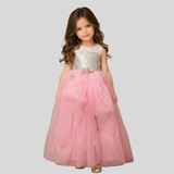 RADIANT GLAMOUR SEQUIN ADORNED BODICE NET FLARED PARTY GOWN WITH GOLD DRAPED SKIRT & DELICATE NET FLOWERS