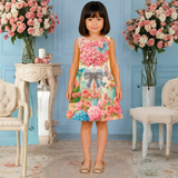 Charming Cream Dress Featuring a Vibrant Floral and Butterfly Print with a Statement Bow