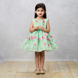 Floral Printed Green Dress With Contrasting Back Bow